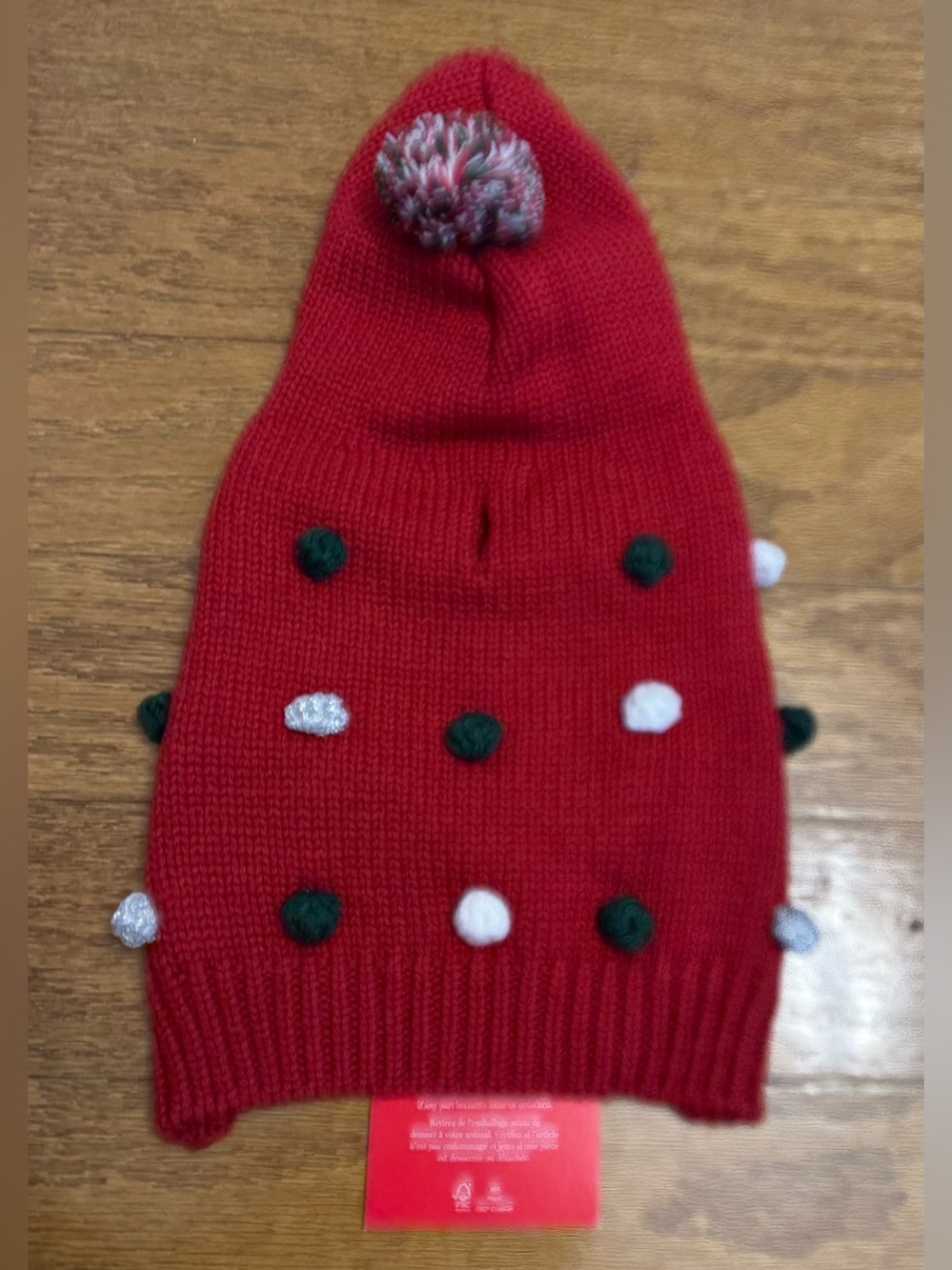 Martha Stewart Red, Green, White, & Silver Pom Pom Hoodie Puppy/Dog Sweater, XS